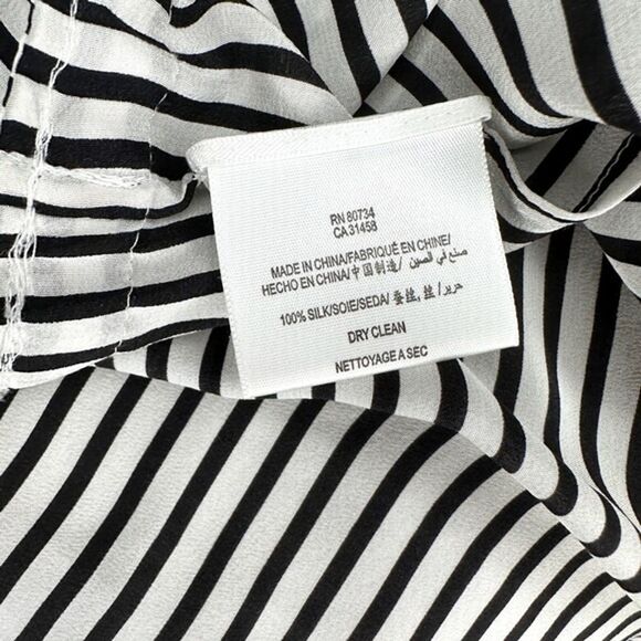 BCBGMaxazria Silk Blouse Shirt Black White Stripe Short Sleeve Tie Waist - Picture 7 of 8